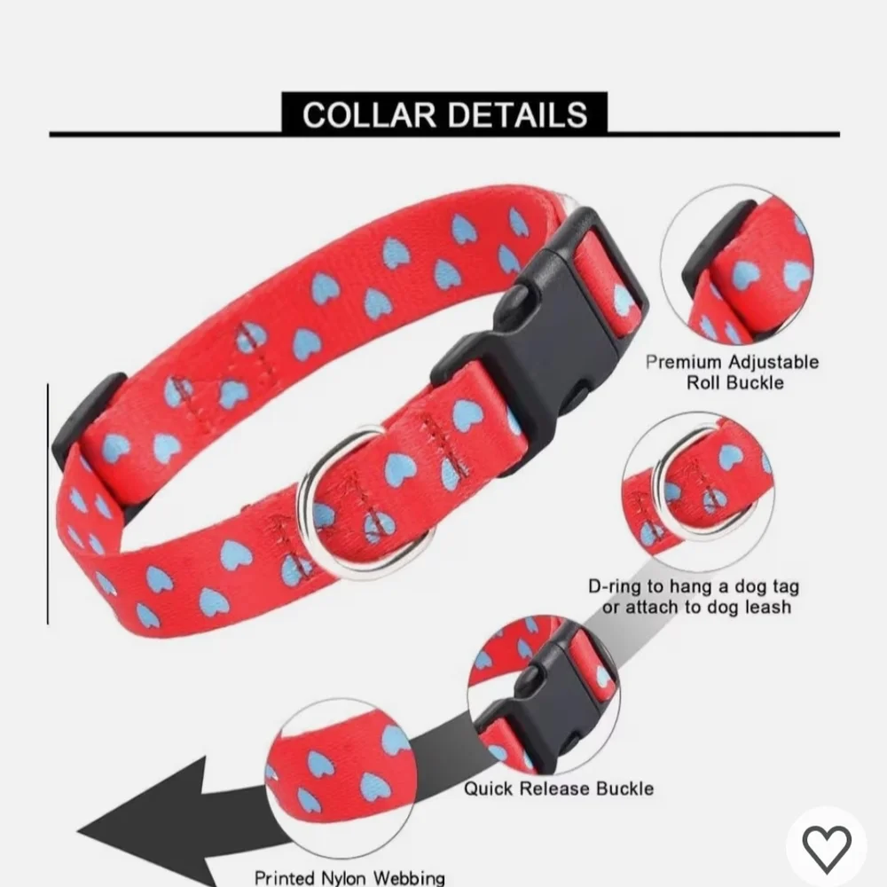 Pet Collar Red With Heart Pattern. Size Large